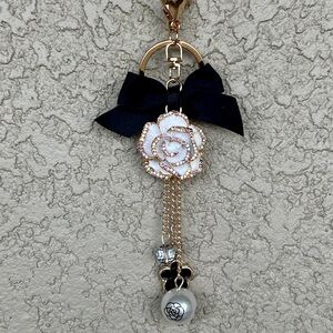 Luxe White Floral Keychain/Bag Charm with Black Bow